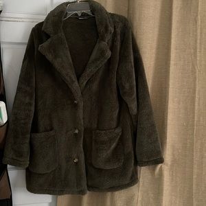 SHEIN Dark Green Lapel Neck Dual Pocket Teddy Coat size L
